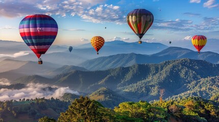 Colorful balloons soaring over the scenic mountains of Doi Inthanon, Chiang Mai, Thailand. A stunning skyward view.