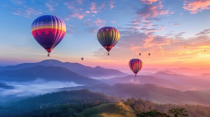 Naklejka premium Colorful hot air balloons soaring high above the majestic mountains of Doi Inthanon, Chiang Mai, Thailand. A picturesque scene.