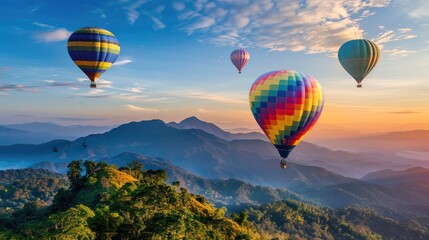 Naklejka premium Colorful hot air balloons soaring over the majestic mountains of Doi Inthanon, Chiang Mai, Thailand. A breathtaking aerial view.