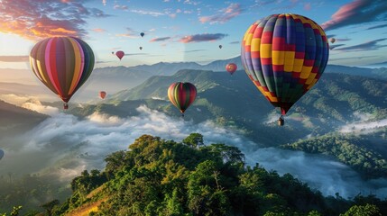 Obraz premium Colorful hot air balloons soaring high above the majestic mountains of Doi Inthanon, Chiang Mai, Thailand. A picturesque scene.