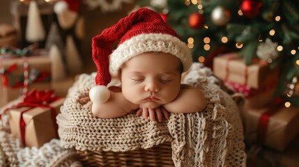 Newborn sleeping in a gift basket wearing a tiny Santa hat, with a Christmas-themed background including gift piles and a decorated Christmas tree.