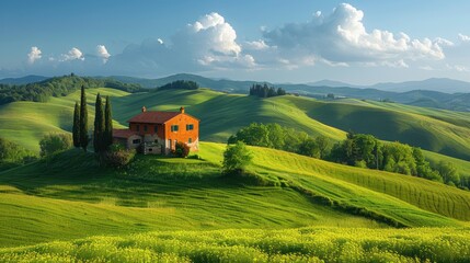 Naklejka premium A tranquil countryside view featuring rolling green hills, a charming farmhouse, and a clear blue sky dotted with fluffy white clouds