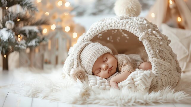Newborn in a winter-themed setup, sleeping in a cozy igloo prop with snowy decorations.