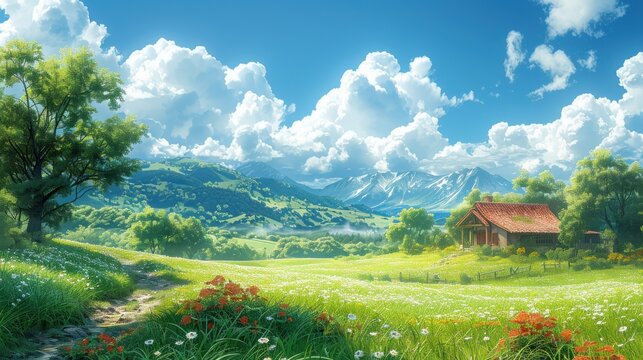 A tranquil countryside view featuring rolling green hills, a charming farmhouse, and a clear blue sky dotted with fluffy white clouds