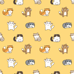 Obraz premium Seamless Pattern with Cute Cartoon Cat Design on Yellow Background