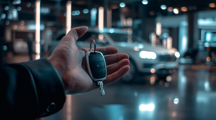 A hand holding the keys on a keychain from a modern car in the VIP lounge, against the background of a blurred car.