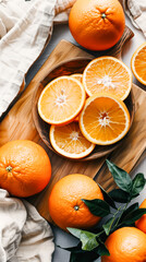 Orange slices filled in bowl placed on chopping board, fresh oranges outside, top angle