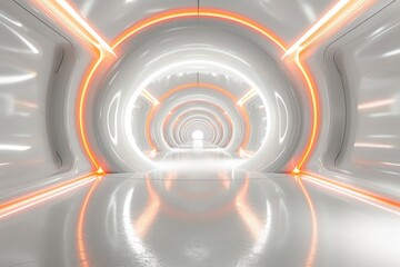 Obraz premium Futuristic Technology Corridor with Neon Lights and White Background - Modern Interior Design Concept for Stage, Studio or Render