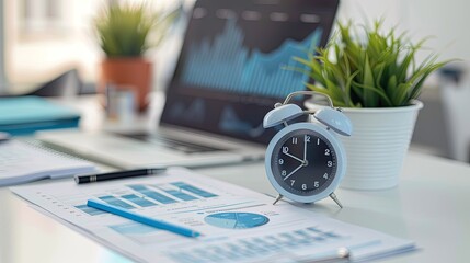 A digital clock and a financial report on a white desk, symbolizing time management in business