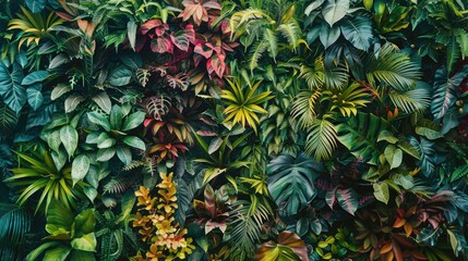 Fototapeta premium Diverse faux plants in vertical garden, Nature backdrop