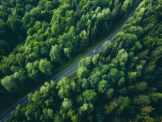 Aerial View of Lush Green Forest with Winding Road and Car