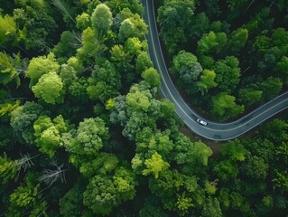 Aerial View of Lush Green Forest with Winding Road and Car in the Countryside