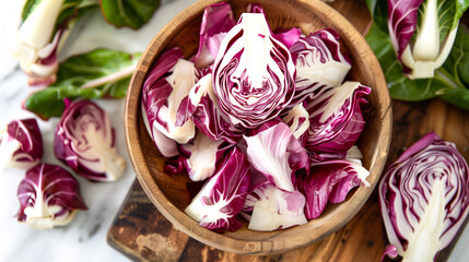 Radicchio pieces filled in bowl placed on chopping board, top angle