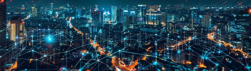 Obraz premium Futuristic Cyberpunk Smart Grid: Renewable Energy at Night with Glowing Pathways