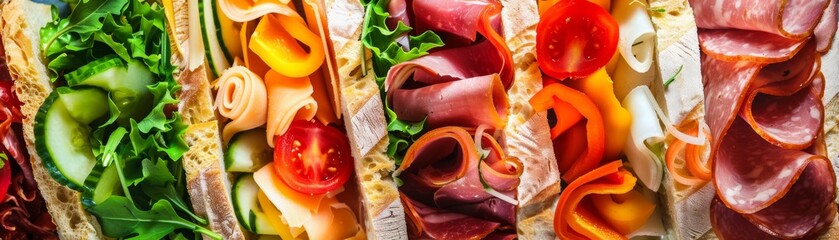 Vibrant Pop Art Close-up of Premium Deli Meat Sandwich with Artisan Bread and Fresh Veggies