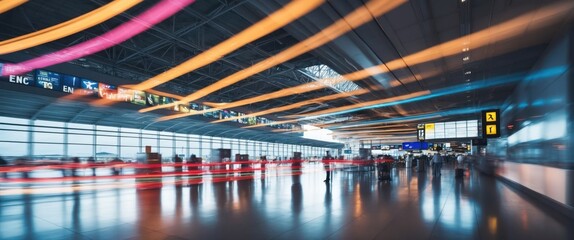 A dynamic view of a modern airport terminal, capturing the bustling atmosphere of travelers and vibrant signage