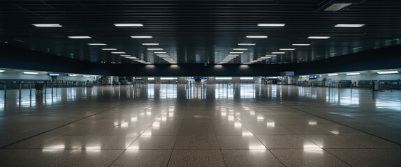 Fototapeta premium A modern airport terminal interior showcasing spacious, empty areas with reflective flooring and ample lighting, evoking a sense of travel