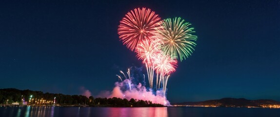 A vibrant fireworks display over a serene waterfront, perfect for celebrations, festivals, and summer events