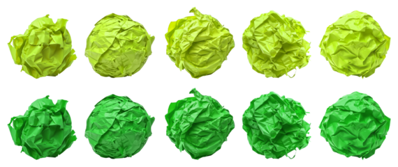 Collection set of dark light green lime crumpled crushed scrunched paper ball on transparent background cutout, PNG file. Many different design. Mockup template artwork graphic