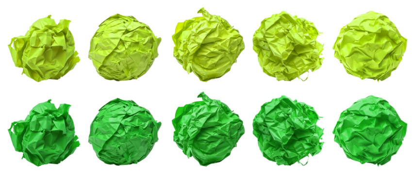 Collection set of dark light green lime crumpled crushed scrunched paper ball on transparent background cutout, PNG file. Many different design. Mockup template artwork graphic