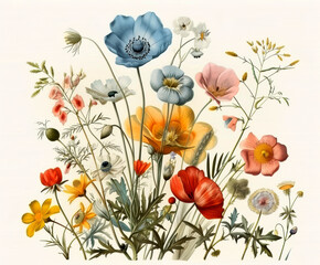 Fototapeta premium A vintage watercolor illustration of wildflowers. AI generative.