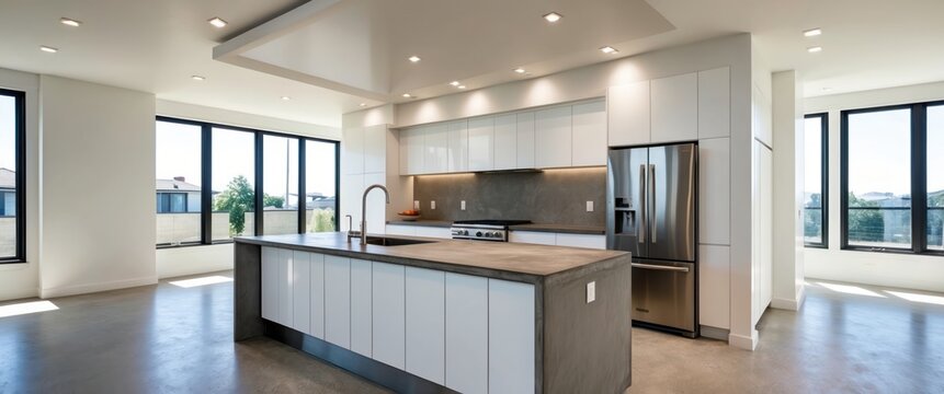 A modern, spacious kitchen showcasing sleek cabinetry and contemporary design, ideal for family gatherings and stylish entertaining