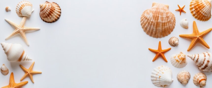 A serene arrangement of seashells and starfish, evoking a coastal atmosphere, perfect for beach themed decor and summer events