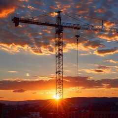 Fototapeta premium Majestic Crane Silhouetted Against a Breathtaking Sunset Sky
