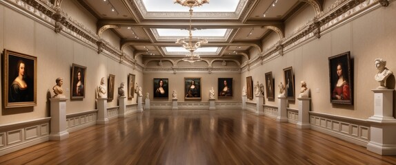 Obraz premium A luxurious art gallery featuring classical portraits and sculptures, ideal for cultural events and exhibitions