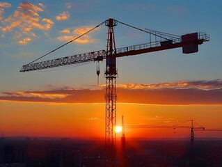 Majestic Crane Silhouetted Against Vibrant Sunset Sky