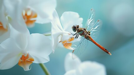 Naklejka premium Macro image of a dragonfly on a white orchid, with ample space for copy.