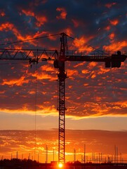 Naklejka premium Dramatic Construction Crane Silhouetted Against Fiery Sunset Skyline