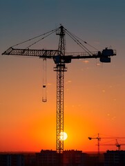 Silhouetted Crane Against Vibrant Sunset Sky