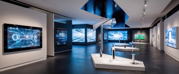 A modern art gallery showcasing innovative digital installations with sleek design and an interactive atmosphere