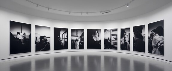 A striking black and white photographic exhibition showcasing emotional portraits in a modern gallery setting