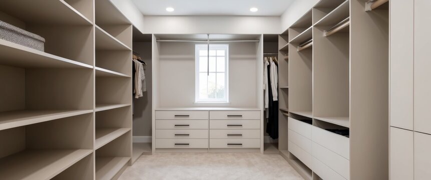 A modern, minimalist closet space with open shelves and drawers, perfect for home organization and stylish storage solutions