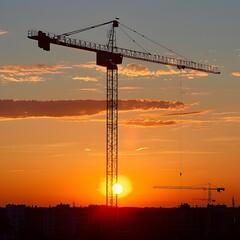 Dramatic Crane Silhouette Against a Vibrant Sunset Sky
