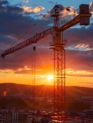 Majestic Crane Silhouetted Against a Breathtaking Sunset Cityscape