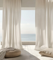Modern minimalistic outdoor terrace with ocean view and linen curtains - interior design magazine style © MS Creative Group