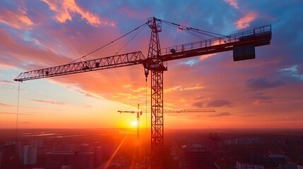 Dramatic Sunset Silhouette of Construction Crane Over Cityscape