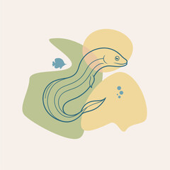 Cute cartoon eel emblem. Seafood shop logo, signboard. Restaurant menu, fish market, banner, poster design template. Fresh seafood or shellfish product.