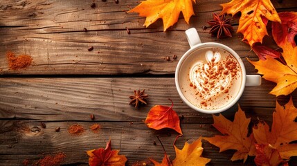 Obraz premium Cozy Autumn Vibes: Colorful Leaves and Pumpkin Spice Latte on Wooden Table