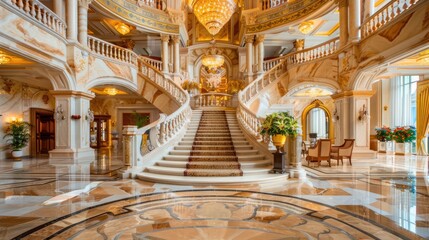 Obraz premium Opulent Hotel Lobby with Marble Floors, Grand Staircase, and Ornate Ceiling Decorations
