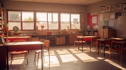 Fototapeta premium Empty Classroom with Sunlight Shining Through Windows
