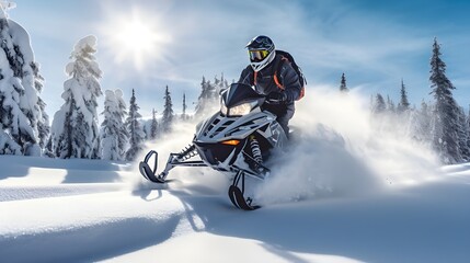 A Snowmobiler Races Along a Trail, Surrounded by Snow-Covered Trees