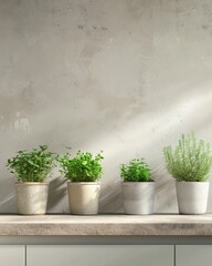Sustainable Living Eco-Friendly Biodegradable Planters in Minimalist Kitchen with Herbs and Microgreens, Natural Textures and Organic Materials