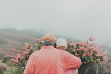 Elderly Male Comforting Middle-Aged Female in Misty Outdoor Setting, Wearing Pink, During Emotional Moment