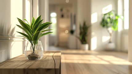A mini plant in a clear glass pot, positioned on a minimalist console table in an airy hallway, rendered in UHD 