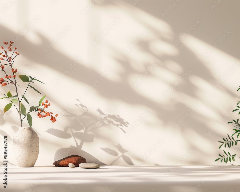 Poster minimalist botanical-themed table with soft natural lighting and vibrant decor for fresh product dis
