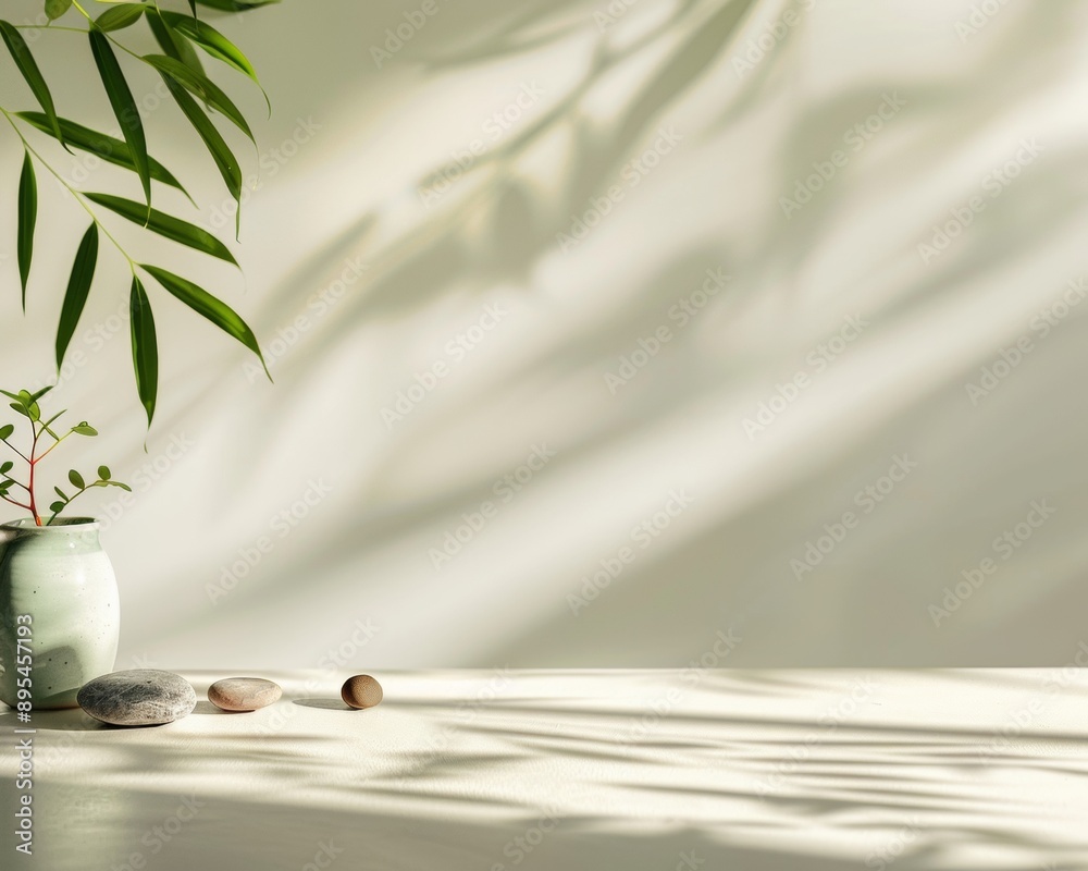 Aufkleber Sunlit Minimalist Table Display with Natural Botanical Decor and Soft Bokeh Background in Fresh Modern Aesthetic